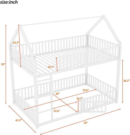 RuiSiSi Metal Bunk Bed Twin Over Twin, Floor House Bunk Bed with Safety Guardrails and Roof for Kids Teens, Twin Bunk Beds for Bedroom, No Box Spring Needed, White
