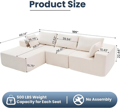 DUMOS 105" L-Shaped Sectional Boneless Couch for Living Room, Upholstered Corduroy Sofa with Deep Seat for Small Apartment, Bedroom, No Assembly in a Box, Left Facing Chaise, Beige