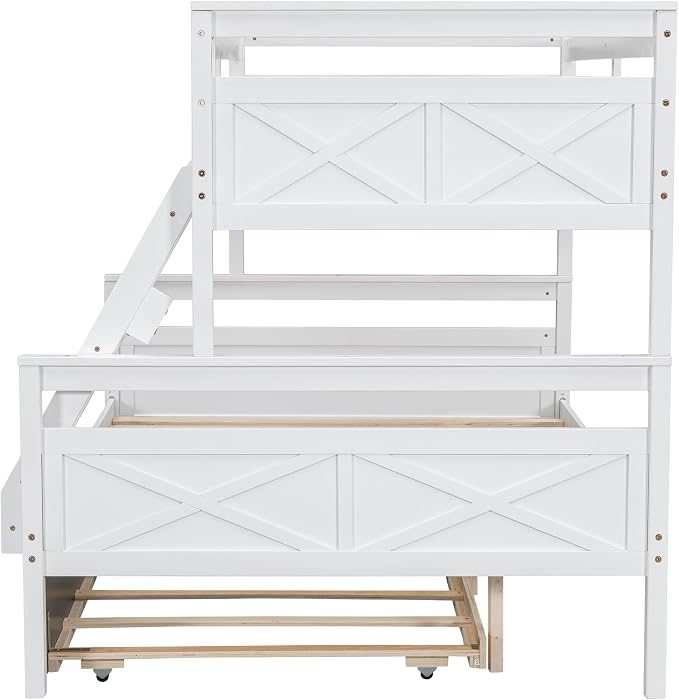 Merax Trundle Bunk Bed, Twin Over Full Wood Bunk Bed with Twin Size Trundle and Ladder, 3-in-1 Convertible to 2 Separate Beds, Solid Wood Frame with Guardrail, White