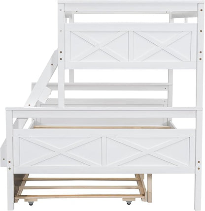 Merax Trundle Bunk Bed, Twin Over Full Wood Bunk Bed with Twin Size Trundle and Ladder, 3-in-1 Convertible to 2 Separate Beds, Solid Wood Frame with Guardrail, White