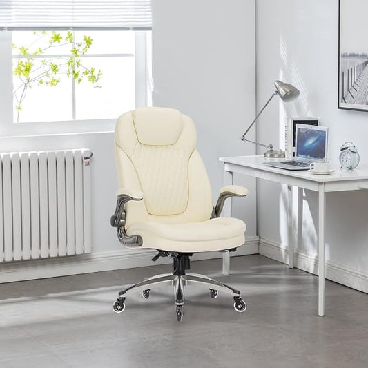 COLAMY Ivory Leather High Back Executive Office Chair, Ergonomic Desk Chair with Flip-up Arms, Thick Cushion, Silent Nylon Wheels, Adjustable Height & Rocking Function, 300lbs Capacity