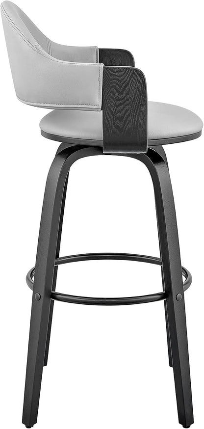 Armen Living Daxton Mid Century Modern Swivel Bar Stool for Kitchen Island Counter in Gray Faux Leather and Black Wood, 26" Seat Height