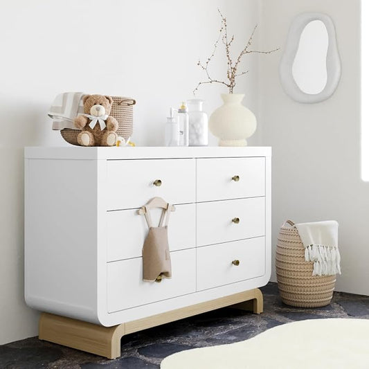 Storkcraft Santorini 6 Drawer Double Dresser (White with Driftwood) - GREENGUARD Gold Certified, Interlocking Drawer System, Dresser Drawer Organizer for Kids Bedroom
