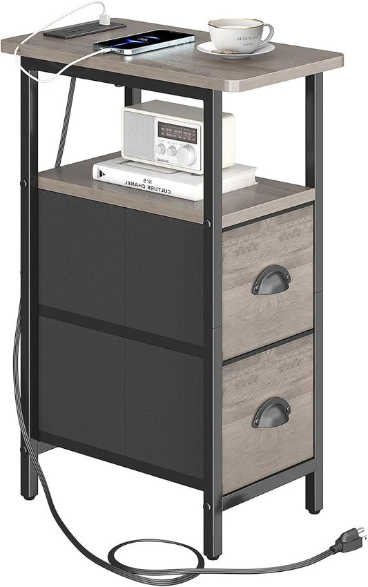 sthmec Narrow End Table with Charging Station, Narrow Side Table with 2 Fabric Drawers, Slim Nightstand, Skinny Bedside Table, Small Side Table for Small Spaces, Living Room, Bedroom, Grey