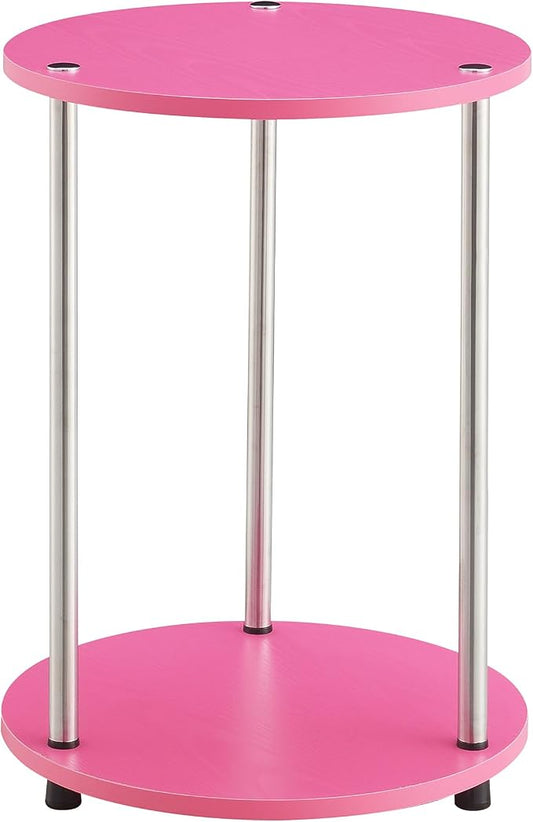 Convenience Concepts Designs2Go No Tools 2 Tier Round End Table 15.75" - Contemporary Modern Side Table with Storage Shelf for Family Room, Office, Den, Pink