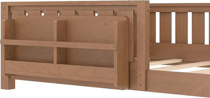 Bellemave Natural Montessori Floor Bed with Fence and Slats, Full Size Montessori Floor Bed with Bookcase and High Rails, Easy Assemble Bed Frame for Girls, Boys, Full