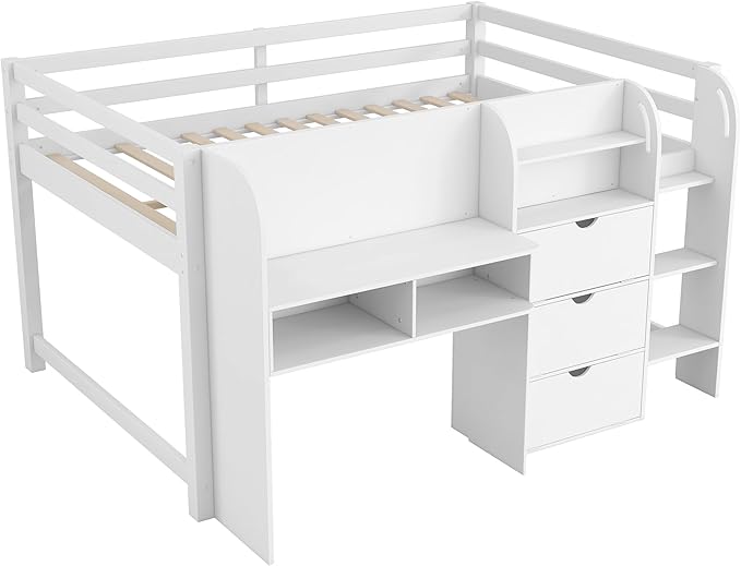 Bellemave Full Size Low loft Bed with Desk, for Kids,Wood Modern Farmhouse Full Loft Bed with Storage Cabinets,Bookcase, No Box Spring Needed, White