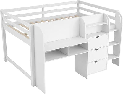Bellemave Full Size Low loft Bed with Desk, for Kids,Wood Modern Farmhouse Full Loft Bed with Storage Cabinets,Bookcase, No Box Spring Needed, White