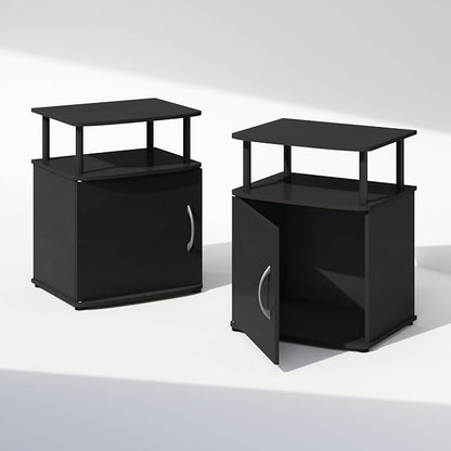 Furinno TIDUR Night Stand Set of 2, Nightstand with Open Shelf and Door Cabinet, Round Corner Bedside Table, End Table, Side Table, for Bedroom, Closet, Dorm, Black