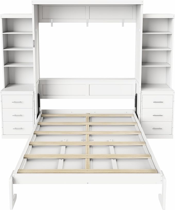 Murphy Bed Queen Size,Murphy Bed with Storage Shelves and Drawers,Wall Bedframe w/Wood Slatk,can be Folded,No Box Spring Needed,for Bedroom Apartment,White