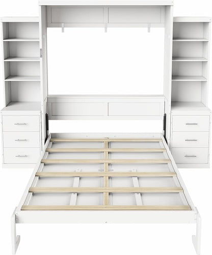 Murphy Bed Queen Size,Murphy Bed with Storage Shelves and Drawers,Wall Bedframe w/Wood Slatk,can be Folded,No Box Spring Needed,for Bedroom Apartment,White