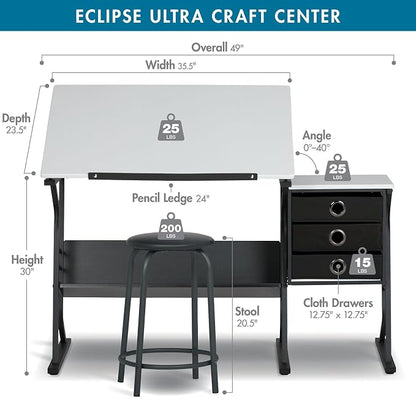 2 Piece Eclipse Ultra Center/Drawing Table with Stool, Angle Adjustable Top, Storage Shelves, and Drawers