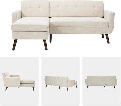 Kingfun L Shaped Couch, 80" W Mid-Century Modern Sofa, Sectional Couches, 3 Seater Sofas with Wide Chaise Lounge, Button Tufted Upholstered Sectional Sofa for Living Room, Bedroom, Beige
