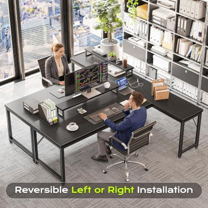 PRAISUN 61" L Shaped Computer Desk, Power Outlets, Monitor Stand, Black