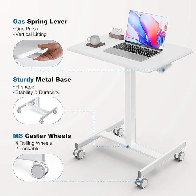 OLIXIS Mobile Standing Desk with Wheels Small Rolling Laptop Desks Portable Pneumatic Adjustable Height Sit Stand Table Computer Workstation for Home Office White