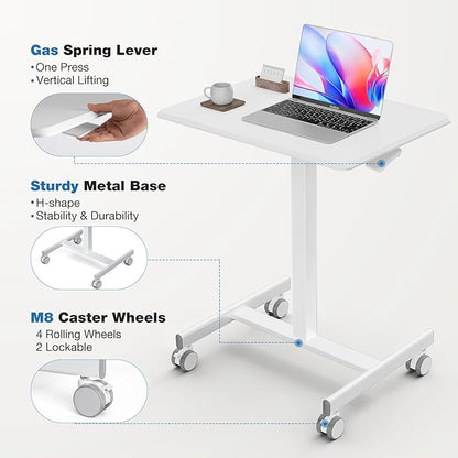 OLIXIS Mobile Standing Desk with Wheels Small Rolling Laptop Desks Portable Pneumatic Adjustable Height Sit Stand Table Computer Workstation for Home Office White