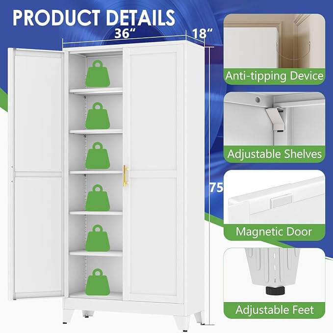 75" Metal Garage Storage Cabinet with 2 Doors and 5 Adjustable Shelves,Metal Storage Cabinets,Steel Tool Cabinets for Home,Office,Garage,Warehouse (White, 75''H x 36''W x 18''D)