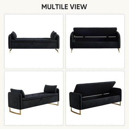 65" Storage Ottoman Bench, Chenille Storage Bench for Bedroom, End of Bed Storage Bench with Tufted Upholstered and Gold Legs, Bedroom Benches with Arms Window and Entryway, Black