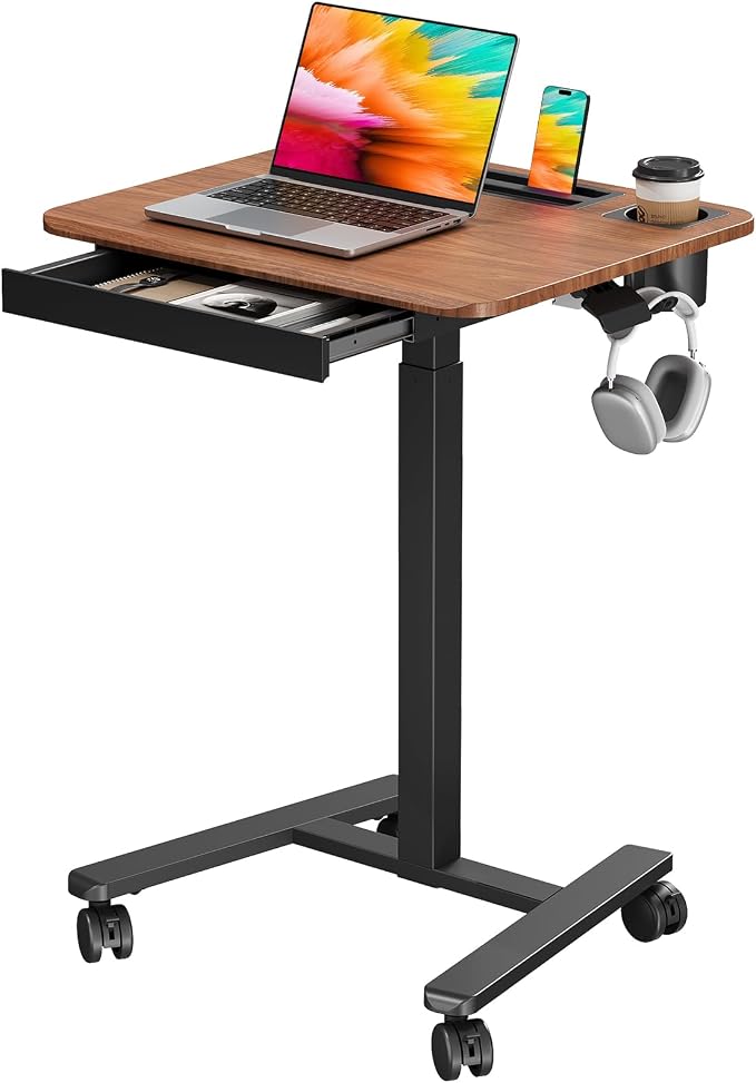 Small Mobile Standing Desk with Drawer, 23.6"x19.7" Rolling Laptop Cart on Wheels, Height Adjustable Sit Stand Computer Workstation with Storage for Compact Space, Dark Wood