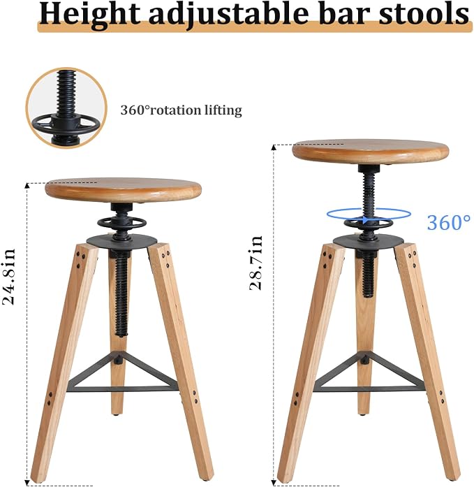 4-Piece Adjustable Height Swivel Bar Stool - Industrial Rustic Style, Solid Oak Wood Seat and Frame, 24.8"-28.7", Natural Finish, Anti-Slip Pads - Perfect for Kitchen, Bar, Counter, Home - Heavy Duty