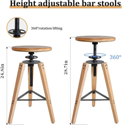 4-Piece Adjustable Height Swivel Bar Stool - Industrial Rustic Style, Solid Oak Wood Seat and Frame, 24.8"-28.7", Natural Finish, Anti-Slip Pads - Perfect for Kitchen, Bar, Counter, Home - Heavy Duty