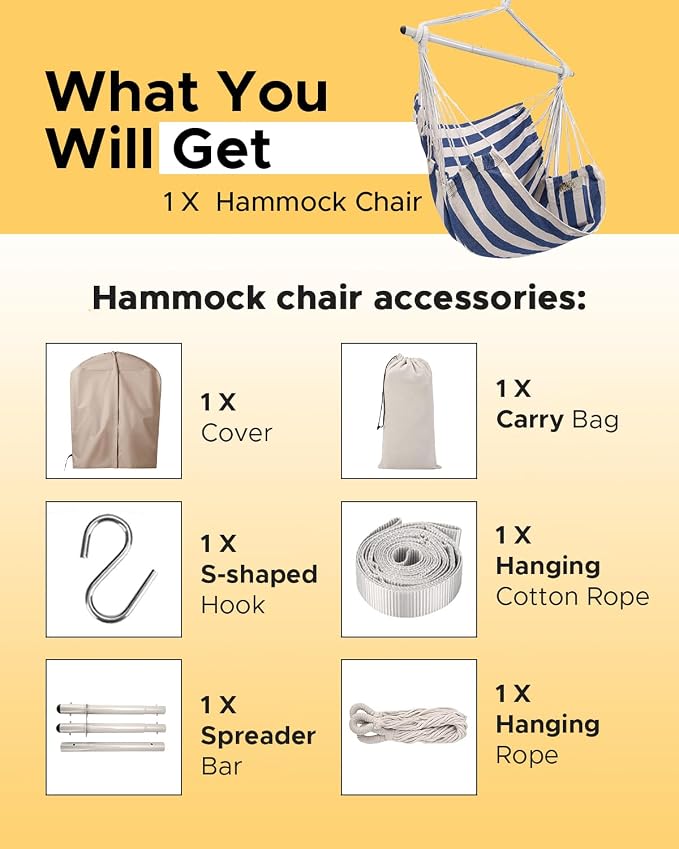 ADVOKAIR Hammock Chair Swing, Heavy-Duty Hanging Rope Swing Seat Supports 500 Lbs, Ideal for Outdoor Patio, Backyard, Porch, Deck & Indoor Bedroom Use
