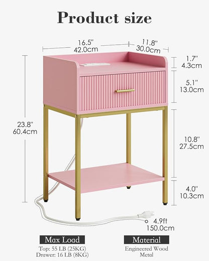 Nightstand with Charging Station, 3-Tier Bed Side Table, Small End Table, Night Stand with Open Shelf and Drawer, Bedside Table for Bedroom, Living Room, Pink