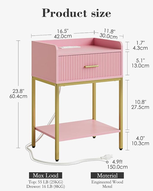 Nightstand with Charging Station, 3-Tier Bed Side Table, Small End Table, Night Stand with Open Shelf and Drawer, Bedside Table for Bedroom, Living Room, Pink