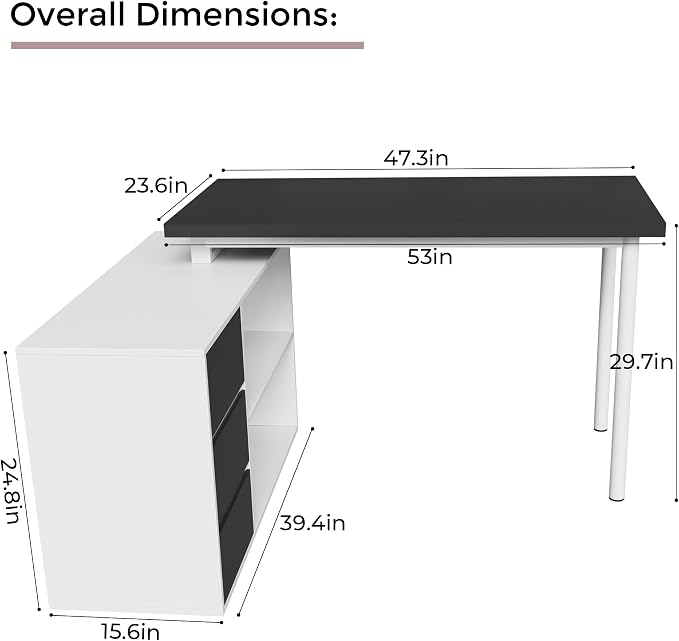 Home Office Computer Desk Corner Desk with 3 Black Drawers and 2 Shelves, 53-inch L-Shaped Study Desk with Storage, White + Black