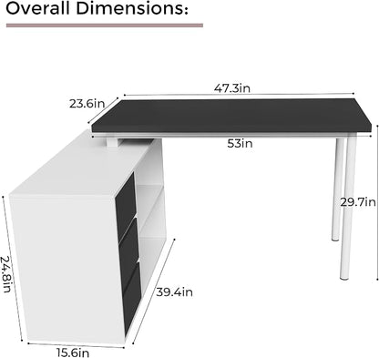 Home Office Computer Desk Corner Desk with 3 Black Drawers and 2 Shelves, 53-inch L-Shaped Study Desk with Storage, White + Black