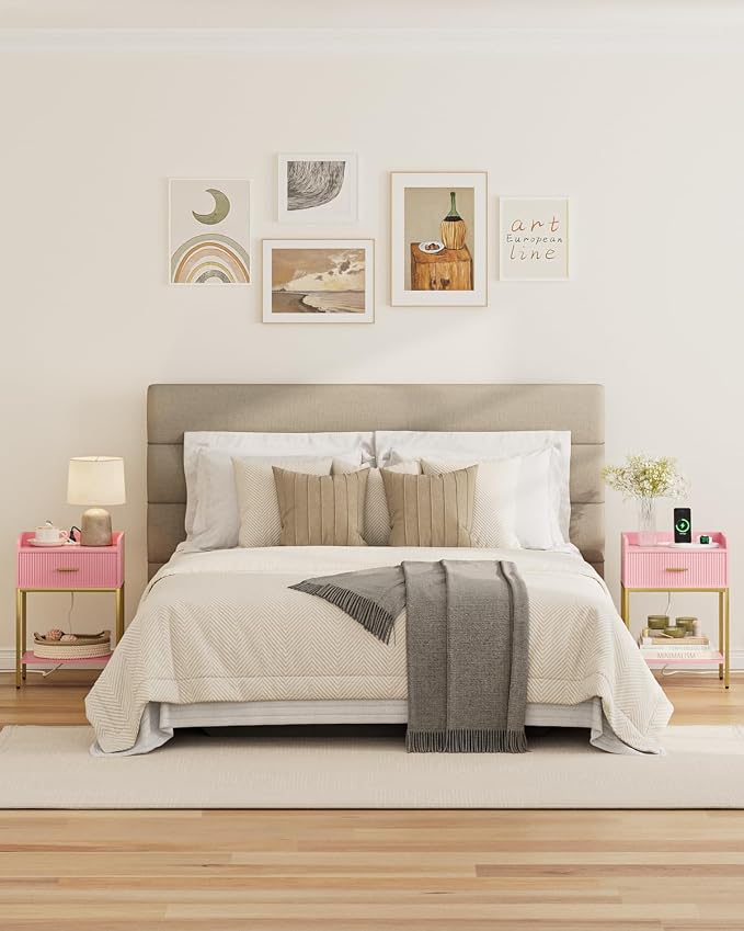 Nightstand with Charging Station, 3-Tier Bed Side Table, Small End Table, Night Stand with Open Shelf and Drawer, Bedside Table for Bedroom, Living Room, Pink