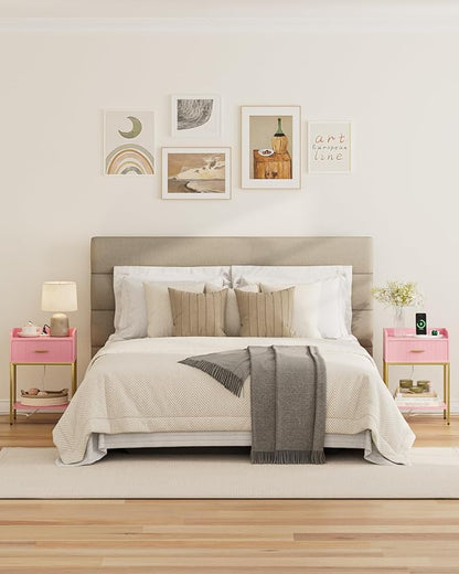 Nightstand with Charging Station, 3-Tier Bed Side Table, Small End Table, Night Stand with Open Shelf and Drawer, Bedside Table for Bedroom, Living Room, Pink