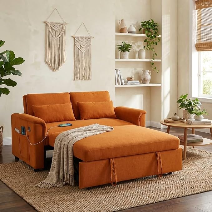 Sofa Bed, Pull Out Couch with Side Pockets, 3 in 1 Velvet Loveseat Sleeper Sofas Beds with USB Ports, Sofa Bed Couch with Adjustable Backrest for Living Room, Bedroom, Apartment, Orange