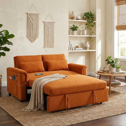 Sofa Bed, Pull Out Couch with Side Pockets, 3 in 1 Velvet Loveseat Sleeper Sofas Beds with USB Ports, Sofa Bed Couch with Adjustable Backrest for Living Room, Bedroom, Apartment, Orange
