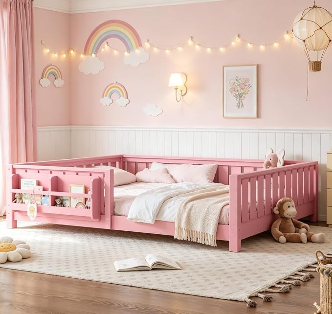 Bellemave Queen Size Floor Bed with high Rails and with Built-in Bookshelf for Kids, Girls, Boys, Wood Montessori Floor Bed Without Door, Pink