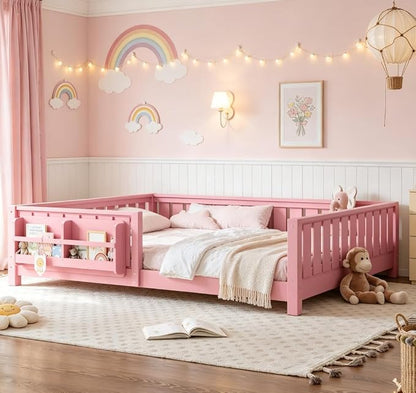 Bellemave Queen Size Floor Bed with high Rails and with Built-in Bookshelf for Kids, Girls, Boys, Wood Montessori Floor Bed Without Door, Pink