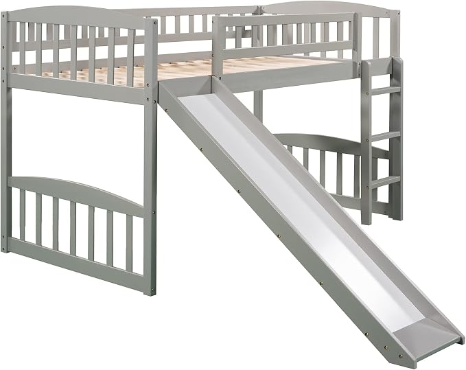 YOPTO Twin Size Loft Bed with Slide and Ladder,Multifunctional Solid Wood Bed Frame,w/Safety Guardrail & 14 Support Slats,No Box Spring Needed,for Kids, Teens, Girls, Boys,Grey