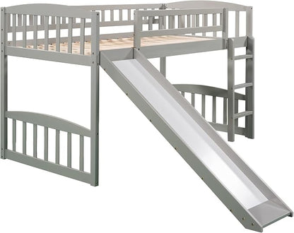 YOPTO Twin Size Loft Bed with Slide and Ladder,Multifunctional Solid Wood Bed Frame,w/Safety Guardrail & 14 Support Slats,No Box Spring Needed,for Kids, Teens, Girls, Boys,Grey