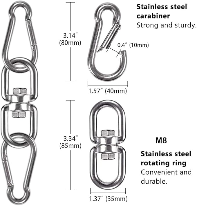 Swing Swivel, Heavy Duty 304 Stainless Steel Double Ended Hanging Eye Hook Hanger with Snap Hooks for Heavy Bag, Gym Equipment, Aerial Yoga, Hammock Chair, Outdoor Playground Swing Set