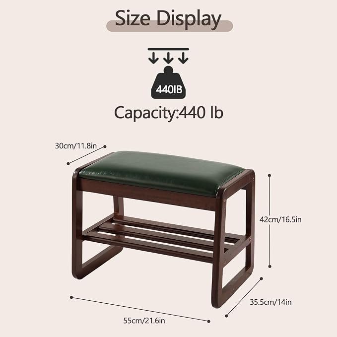 Achicsofar Small Shoe Rack Bench,2 Tier Solid Wooden Entryway Bench(Green) | with Shoe Storage, Shoe Rack with Cushion, for Living Room, Hallway, Garage, 11.8"D x 21.6"W x 16.5"H