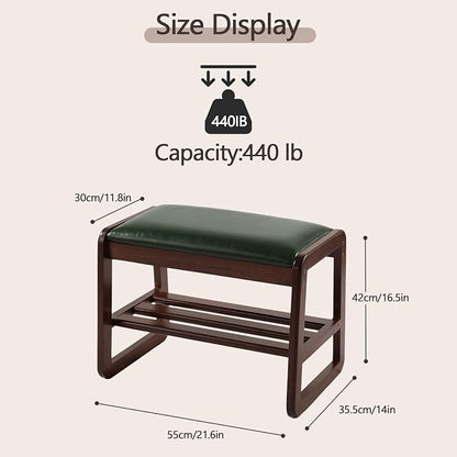 Achicsofar Small Shoe Rack Bench,2 Tier Solid Wooden Entryway Bench(Green) | with Shoe Storage, Shoe Rack with Cushion, for Living Room, Hallway, Garage, 11.8"D x 21.6"W x 16.5"H