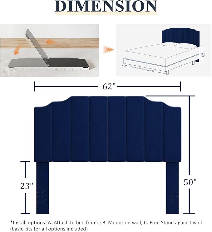 Befurtori Queen Size Headboard Only, Velvet Wall Mounted Headboard Queen/Full Size for Adjustable Bed, Modern Vertical Channel Design with Curved Upholstered Head Board, Royal Blue