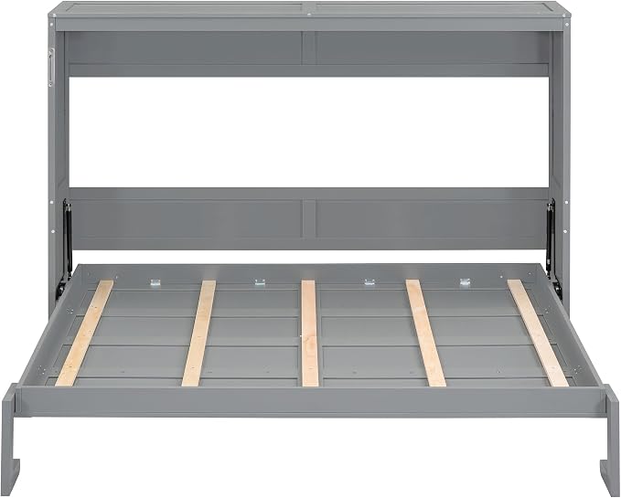 Ball & Cast Full Size Murphy Bed,Hideaway Beds with Dual Piston Metal Folding Mechanism Designed,Wood Wall Cabinets Bedframe w/Slat Support and Storage Platform Top,Hardware Chain,for Apartment,Gray