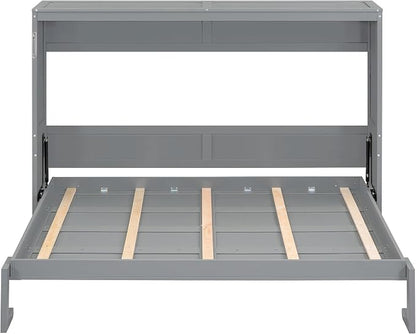 Ball & Cast Full Size Murphy Bed,Hideaway Beds with Dual Piston Metal Folding Mechanism Designed,Wood Wall Cabinets Bedframe w/Slat Support and Storage Platform Top,Hardware Chain,for Apartment,Gray