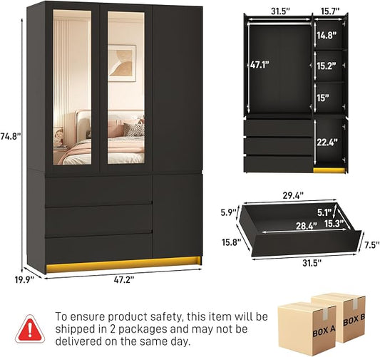 75"H Tall Modern 3 Doors Wooden Armoire Wardrobe Closet with 3 Drawers & 2 Mirror,Clothing Storage Cabinet with Hanging Rod,Bedroom Large Freestanding Armoires with Led Lights for Bedroom,Black