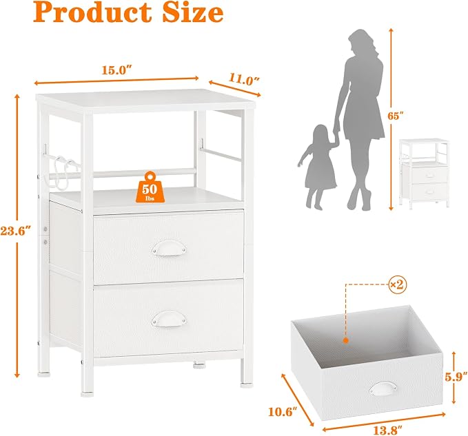Furologee Nightstand Bedside Table with 2 Fabric Drawers, White Side Table with 2-Tier Shelf, Night Stand with Hooks, for Bedroom, Living Room, Backboard Design, Wooden Top, Metal Frame, White