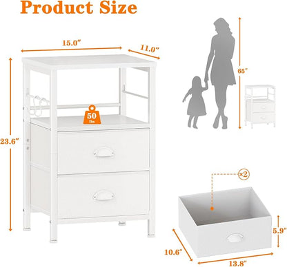 Furologee Nightstand Bedside Table with 2 Fabric Drawers, White Side Table with 2-Tier Shelf, Night Stand with Hooks, for Bedroom, Living Room, Backboard Design, Wooden Top, Metal Frame, White