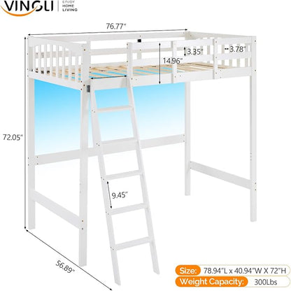 VINGLI Loft Bed Twin Size with USB Charging Station/LED, Solid Wood Single Loft Bunk Bed with Flat Rungs for Kids/Teens/Adults, 15 inches High Guardrail,Wood Slat Support No Box Spring Needed, White