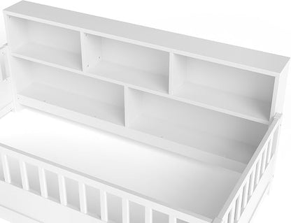 Bellemave Kids Montessori Floor Bed Twin Size,Floor Bed Frame with Bookcase and Fence for Kids Boys Girls,White