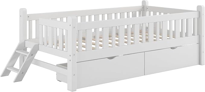 Merax Wood Twin Size Platform Bed with Guardrail and 2 Drawers, Kids Bed Frame with Stairs, White
